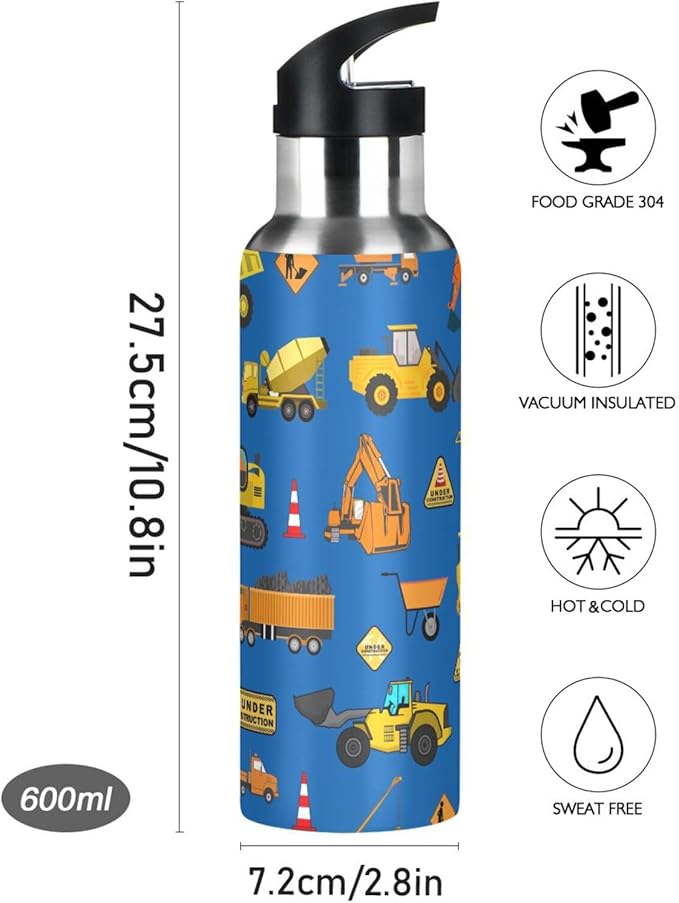 Construction Stainless Steel Water Bottle with Straw Lid - 20 Oz Sports Insulated Water Bottle Thermos for Sport Gym Outdoor Travel School