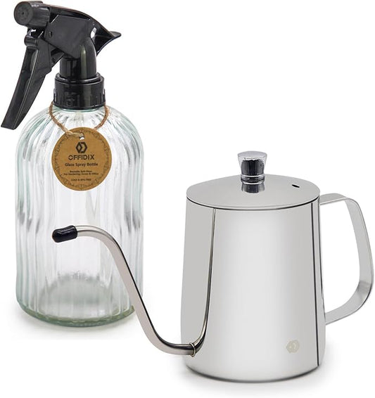 OFFIDIX Watering Can for Indoor Plants,Long Spout Metal Stainless Steel 21 oz/600 ml Watering Can with 14 oz/400ml Glass Plant Mister Spray Bottle for House Plant Bonsai