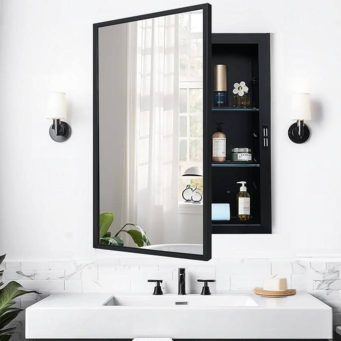 Recessed Medicine Cabinets with Mirror, Black Bathroom Mirror with Storage, Rectangle Medicine Cabinet Mirror, Metal Framed Wall Mirror Recessed or Surface Mount, 20x26 Inch