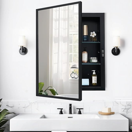 Recessed Medicine Cabinets with Mirror, Black Bathroom Mirror with Storage, Rectangle Medicine Cabinet Mirror, Metal Framed Wall Mirror Recessed or Surface Mount, 20x26 Inch