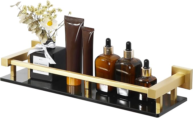 Alise Bathroom Glass Shelf with Stainless Steel Railing, Gold Small Tempered Glass Floating Wall Shelf Over The Toilet, 16 inch