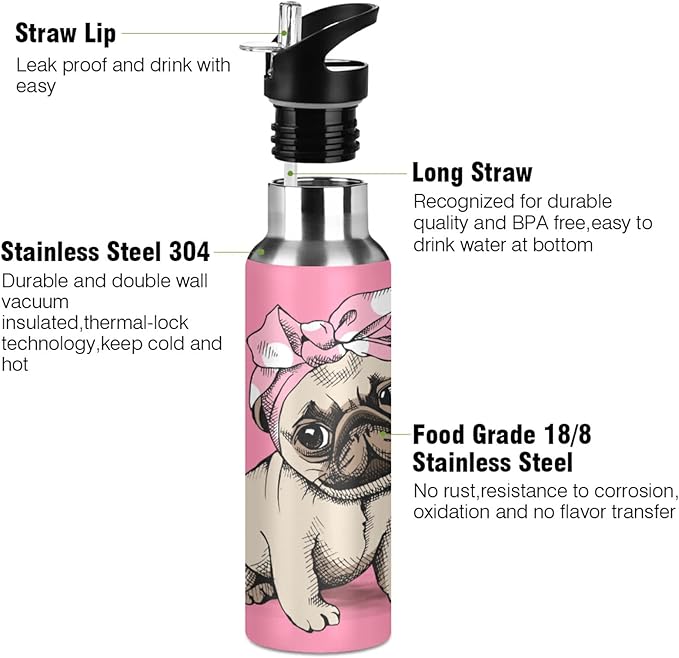 Blueangle 32 OZ Pink Headband Pug Water Bottle with Straw, Sports Water Bottle BPA Free Stainless Steel Water Jugs for Gym, Kitchen, Working, Outdoor（201）