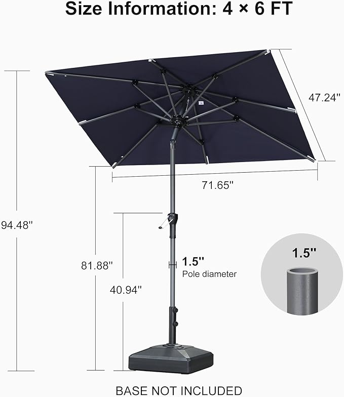 PURPLE LEAF 6' x 4' Rectangular Patio Umbrella Outdoor Table Umbrella Aluminum Frame Market Umbrella Sun Umbrella with 8 Sturdy Ribs Tilt for Garden Deck Lawn Pool Navy Blue