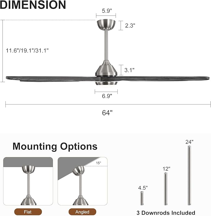 Modern Ceiling Fan with Lights and Remote, 5 Solid Wood Reversible Blades, 6-Speed Noiseless DC Motor with Replaceable Downrods for Bedroom Living Room Dining Room (Nickel and Gray, 64")