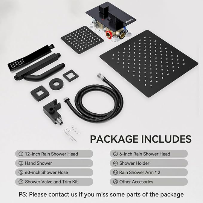 Shower Systems Shower Faucet Sets Matte Black, STARBATH 12+6" Dual Rain Shower Head with Handheld Spray for Two People, Ceiling Mount 3 Way Rainfall Shower Valve with 5 Diverter and Trim Kit Complete