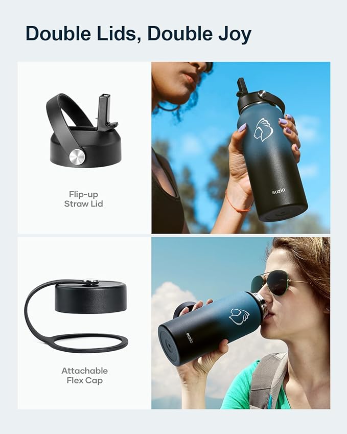 BUZIO Water Bottle with Straw Lid and Flex Cap, 32oz Modern Double Vacuum Stainless Steel Water Flask, Cold for 48 Hrs Hot for 24 Hrs Simple Thermo Canteen Mug, Indigo Black