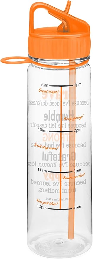 Fight Like a Girl Brave SlimKim 30 oz Motivational Water Bottle with Time Marker & Straw for Leukemia, Kidney Cancer, MS Awareness - Reusable Clear Water Bottle for Workout, Gym, Travel - Orange