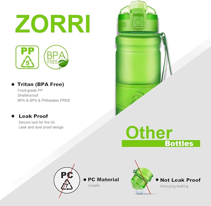 ZORRI 14/17/ 24/32 OZ Water Bottles, BPA Free Tritan Lightweight Leak Proof Sport Bottle with Brush, Lock Feature, Track Marker, and Flip Lid for Kids School, Fitness, Office, Sports & Outdoors
