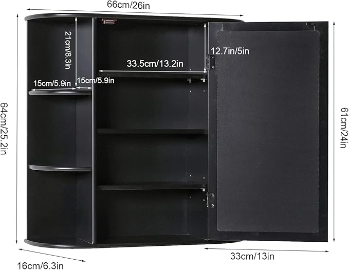 Iwell Bathroom Medicine Cabinet with Mirror, Wall Cabinet with 2 Adjustable Shelves & 6 Open Shelves, Bathroom Cabinet Wall Mounted, Over The Toilet Space Saver Storage Cabinet, Black