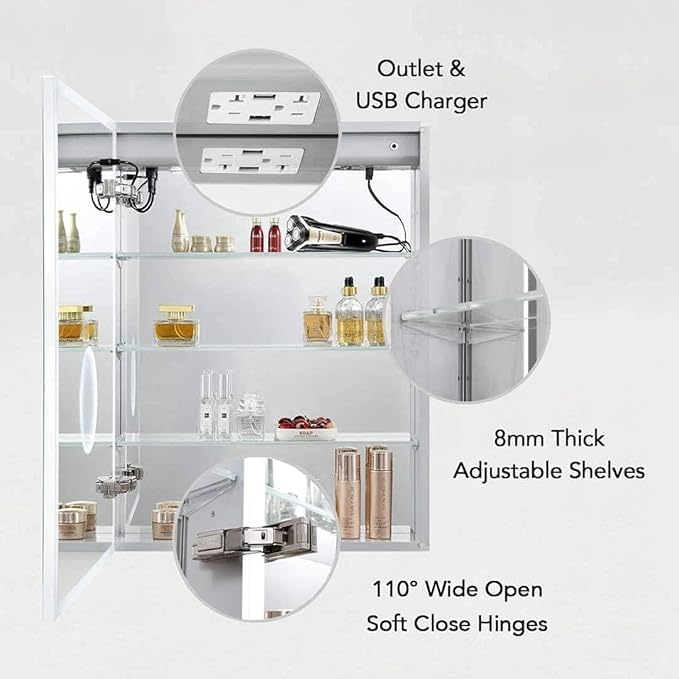 Blossom LED Lighted Mirror Medicine Cabinet, 20x32 Inch, Left Hinge | Recessed or Surface Bathroom LED Medicine Cabinet with Mirror, Defogger, 3 Color Dimmer | 3X Makeup Mirror, Outlets & USB Ports