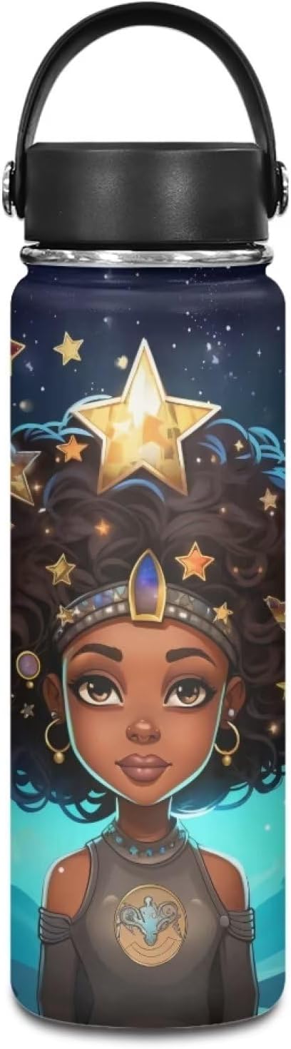 African Princess Insulated Water Bottle 18 oz Stainless Steel Bottle Reusable Wide Mouth African American Girl Water Bottle with Handle Thermal Mug Sports Water American Girl