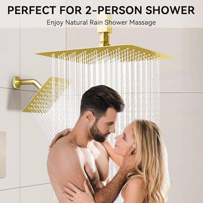 Brushed Gold Shower System, STARBATH Ceiling Mounted 10+6 Inch Rainfall Shower Head with 2 in 1 High Pressure Handhled, Can Use All at Once, Push Button Diverter Thermostatic Valve with Trim Kit