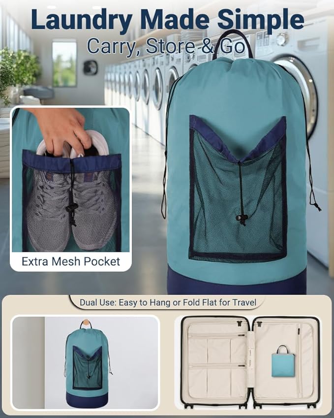 Laundry Bag with Shoulder Straps and Mesh Pocket Laundry Backpack Large Portable Laundry Hamper for College Laundromat Apartment