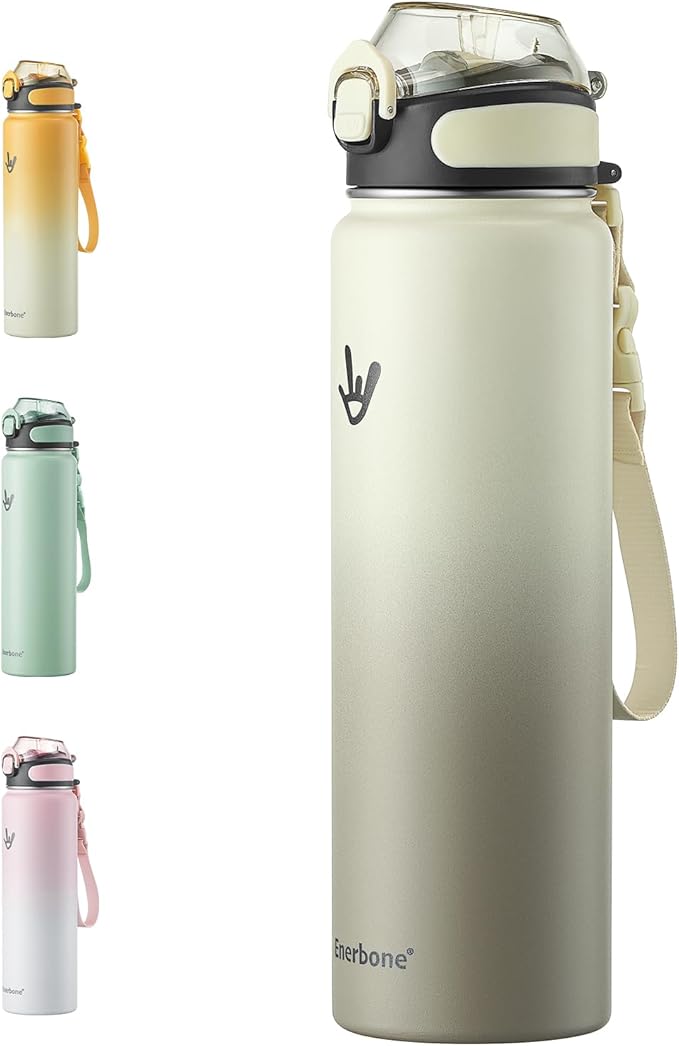 Enerbone Insulated Water Bottle, 32 oz Stainless Steel Water Bottles with Carrying Strap, Double-Wall Vacuum Insulation Thermos, Leakproof Sports Bottle with Straw, Keep Drinks Hot or Cold for Hours