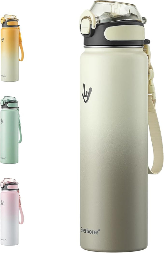 Enerbone Insulated Water Bottle, 32 oz Stainless Steel Water Bottles with Carrying Strap, Double-Wall Vacuum Insulation Thermos, Leakproof Sports Bottle with Straw, Keep Drinks Hot or Cold for Hours