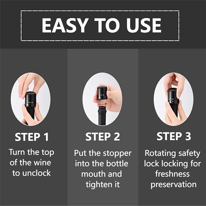 Wine Bottle Stopper - Twist-Lock Safety Design, Reusable, Compact and Portable, Effective Sealing and Freshness Preservation, Suitable for Gifts & Parties/Gatherings, Black