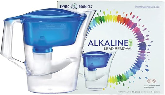 New Wave Enviro Alkaline Plus Water Filter Pitcher with Lead Removal, BPA Free Fridge Friendly Design, 64 Gallon Filter Life, 3.5 Liter Capacity with Integrated Handle, Blue