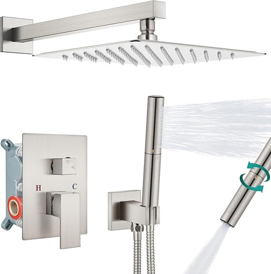 Aolemi Shower System with Rainfall Shower Head and Handheld Wall Mount,High Pressure Shower Faucet Set Fixture Combo with 2 in 1 Handheld Spray Rough-in Valve,10 Inch Shower Head Brushed Nickel