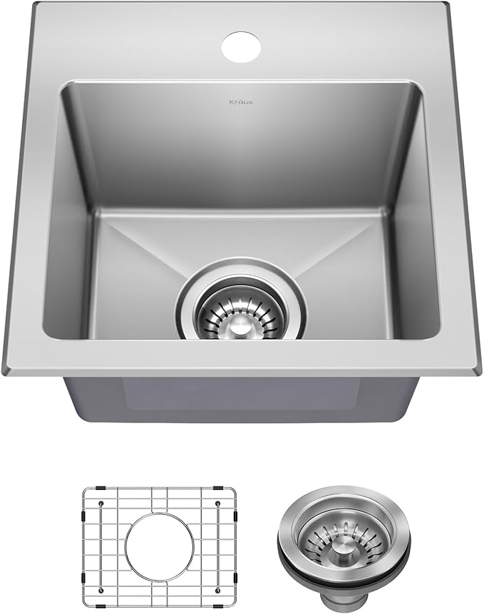 KRAUS Fairlane 15-inch Drop In/Top Mount Single Bowl 18-Gauge Stainless Steel Kitchen Bar Sink, KHT631-15