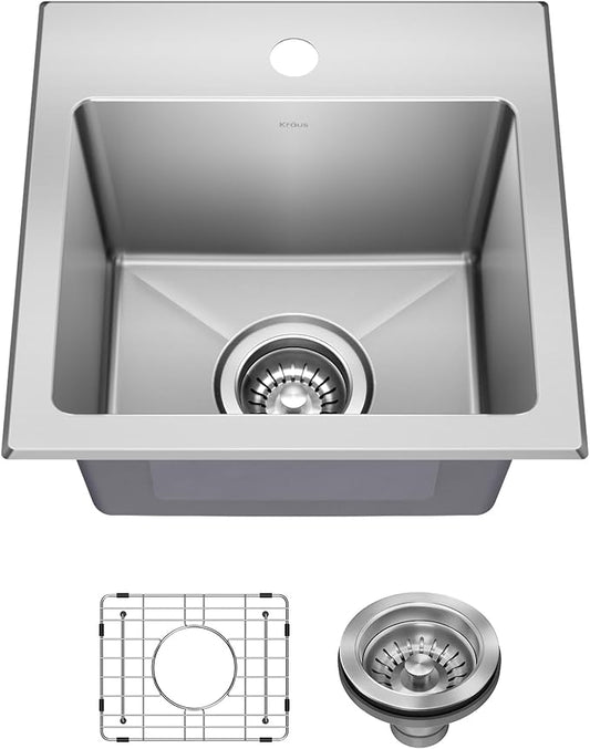 KRAUS Fairlane 15-inch Drop In/Top Mount Single Bowl 18-Gauge Stainless Steel Kitchen Bar Sink, KHT631-15