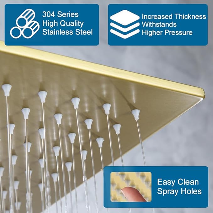 POP SANITARYWARE Shower Faucet Set Brushed Gold, 12 Inch Thickened Shower Head and Handle Set Bathroom Rain Shower System Wall Mounted Shower Fixture Include Shower Valve and Trim Kit