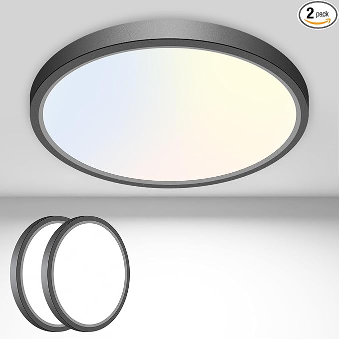 2PACK Flush Mount LED Ceiling Light Fixture Black, 6.5Inch 12Watt, Dimmable & 3000K-4000K-6500K 3 Color Selectable Ceiling Lamp 1200LM Low Profile Ceiling Light for Kitchen Bedroom Hallway Porch