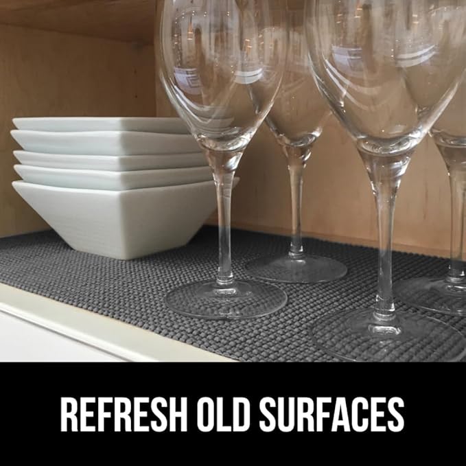 Gorilla Grip powerGRIP Drawer Shelf and Cabinet Liner, Thick Strong Hold, Non-Adhesive Liners Protect Kitchen Cabinets and Cupboard, Bathroom Drawers, Easy Install, Breathable Mat, 12" x20', Charcoal