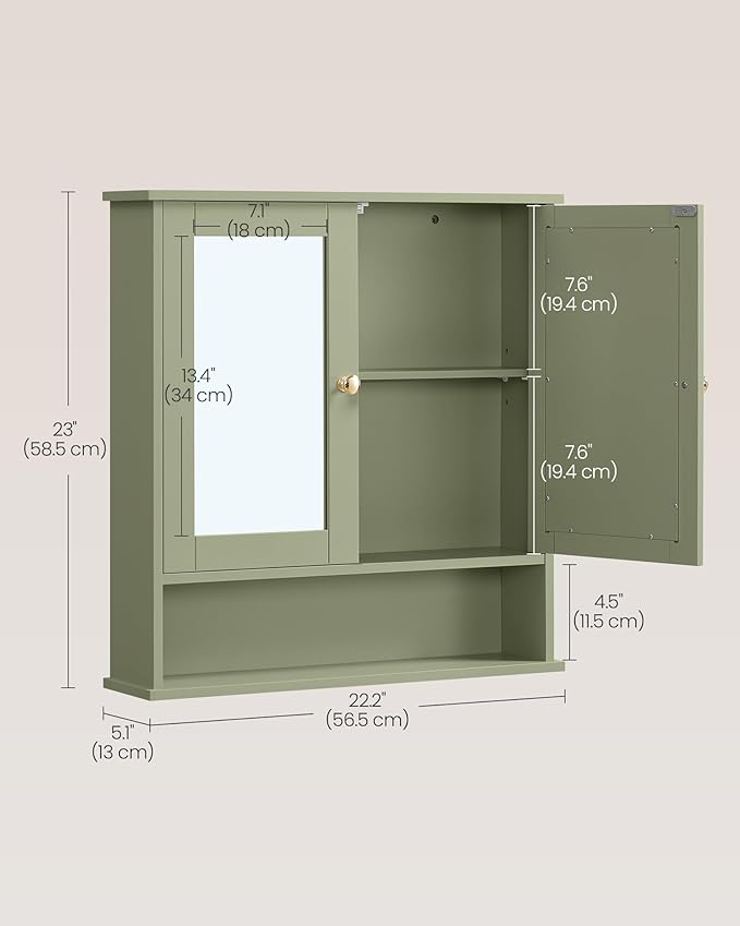 VASAGLE Bathroom Cabinet with Mirror, Wall Cabinet with 2 Mirrored Doors, Adjustable Shelf, Open Compartment, Wall-Mounted, 5.1 x 22.2 x 23 Inches, Sage Green ULHC002C02