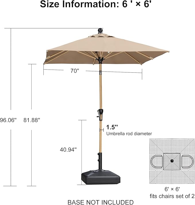 PURPLE LEAF 6' x 6' Market Umbrella Outdoor Table Umbrella Aluminum Patio Umbrella with Push Button Tilt & 8 Sturdy Ribs and Crank Outdoor Umbrellas for Deck Backyard Beach, Taupe