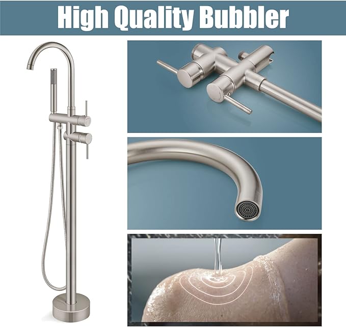 Aolemi Floor Mount Bathtub Faucet Freestanding Tub Filler Standing High Flow Shower Faucets Shower Mixer Taps, Swivel Gooseneck Spout with Cylinder Handheld Brushed Nickel