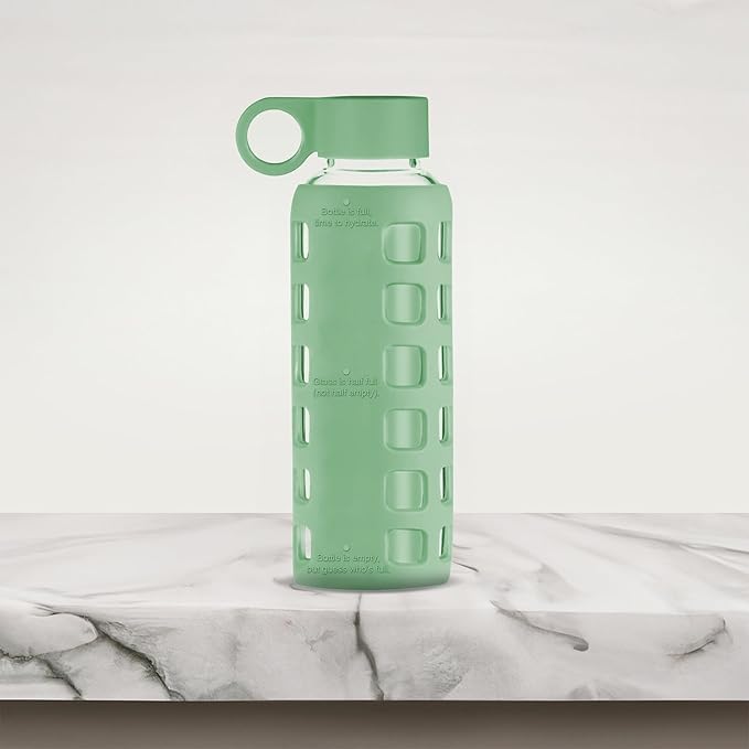 purifyou Premium 40/32 / 22/12 oz Glass Water Bottles with Volume & Times to Drink, Silicone Sleeve & Stainless Steel Lid Insert, Reusable Bottle for Fridge Water, Milk, Juice (12oz Shale Green)