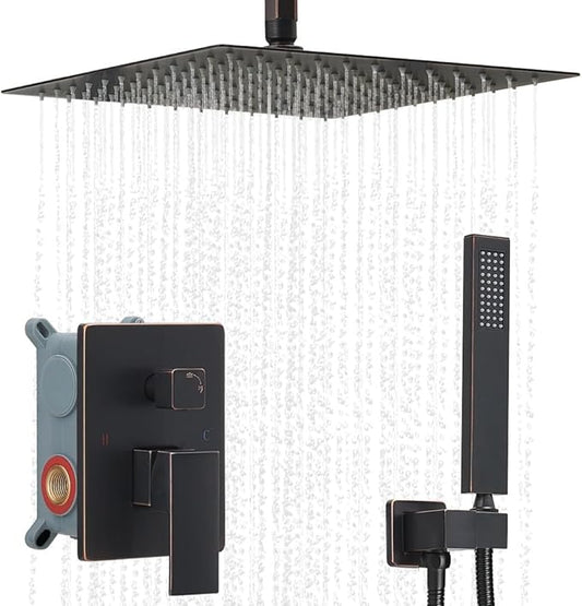 ‎Oil Rubbed Bronze Shower System Bathroom 12 Inch Rain Shower Head Ceiling Mount with Handheld Luxury High Pressure Shower Combo Set Shower Faucet Rough-in Valve Body and Trim Included