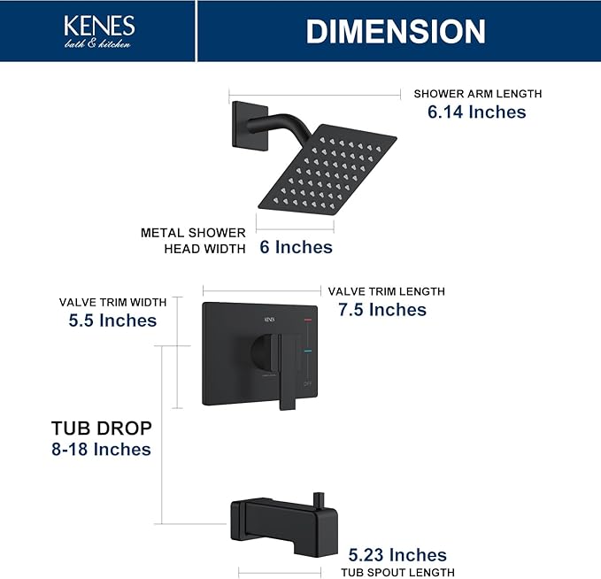 KENES Modern Matte Black Shower Faucet, Tub and Shower Trim Kit with Single-Spray Square Stainless Black Rain Shower Head, KE-6025A-2 (Shower Valve Included)