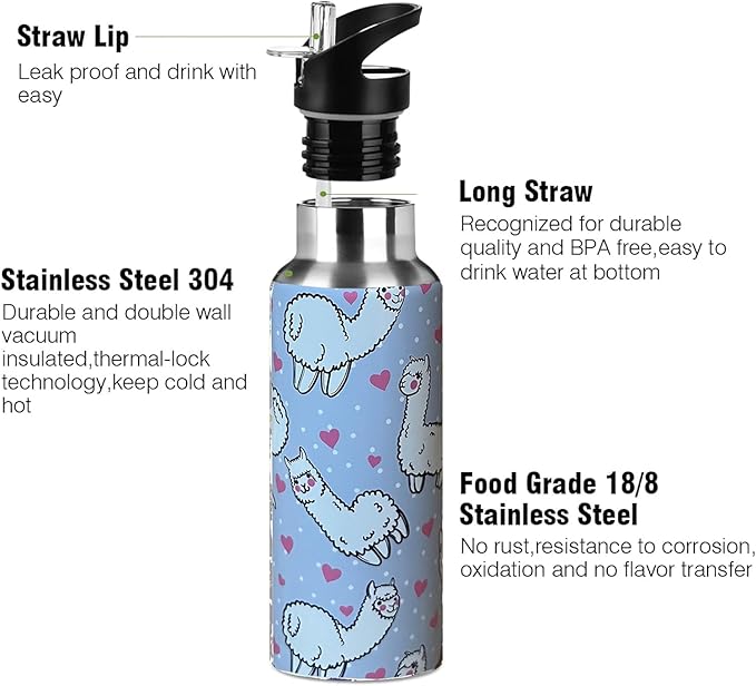 Cute Llama Animal Sport Water Bottle with Straw, Vacuum Insulated Stainless Steel Thermal Drinking Travel Mug Cups For Gym Fitness Camping-20oz/600ml, Gray