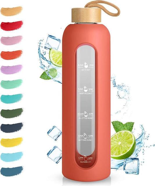 Sursip 32 oz Glass Water Bottle with Time Marker,1 Liter BPA-Free Reusable Motivational Water Bottle with Non-Slip Silicone Sleeve and Bamboo Lid, Ice Cube Tray, Leak-Proof, Dishwasher Safe