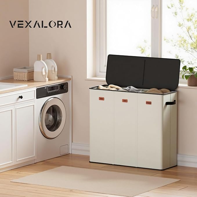 185L Laundry Hamper 3 Section, Laundry Hamper with Lid, Dirty Clothes Hamper with 3 Removable Washing Bags, Extra Large Laundry Basket Organizer for Bedroom, Laundry Room, Dorm - Beige