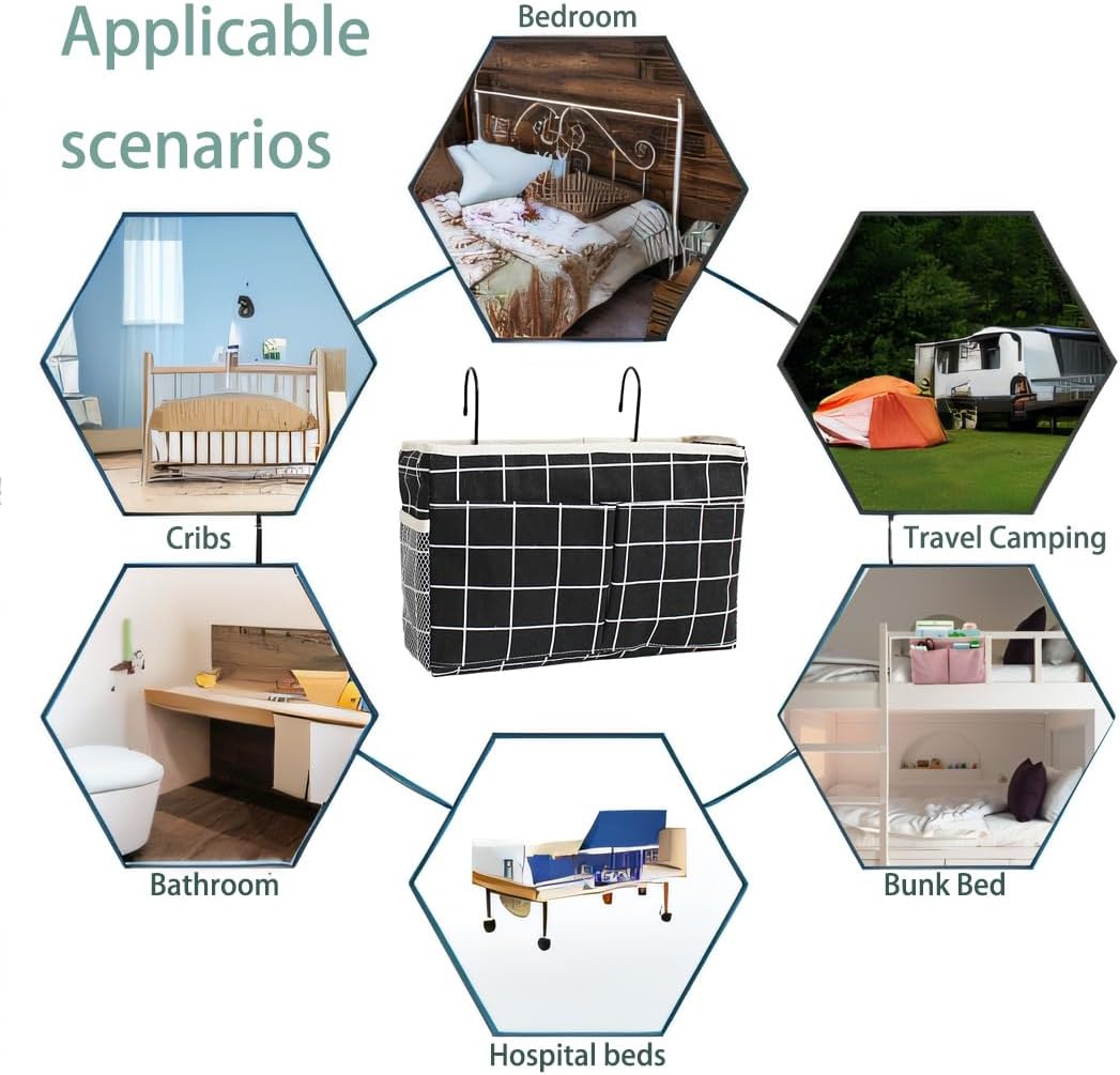 Bedside Caddy Bedside Hanging Storage Basket Multi-Function Organizer Caddy for Bunk and Hospital Beds Dorm Rooms Bed Rails, Can be Placed Glasses Books Mobile Phones（Black Grid）