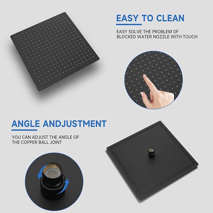 RUMOSE Matte Black Rainfall Shower System Fixture 12 Inch High Pressure Square Shower Head with 2 in 1 Handheld Spray Wall Mount Brass Bathroom Shower Faucet Set with cUPC Certified Rough-in Valve