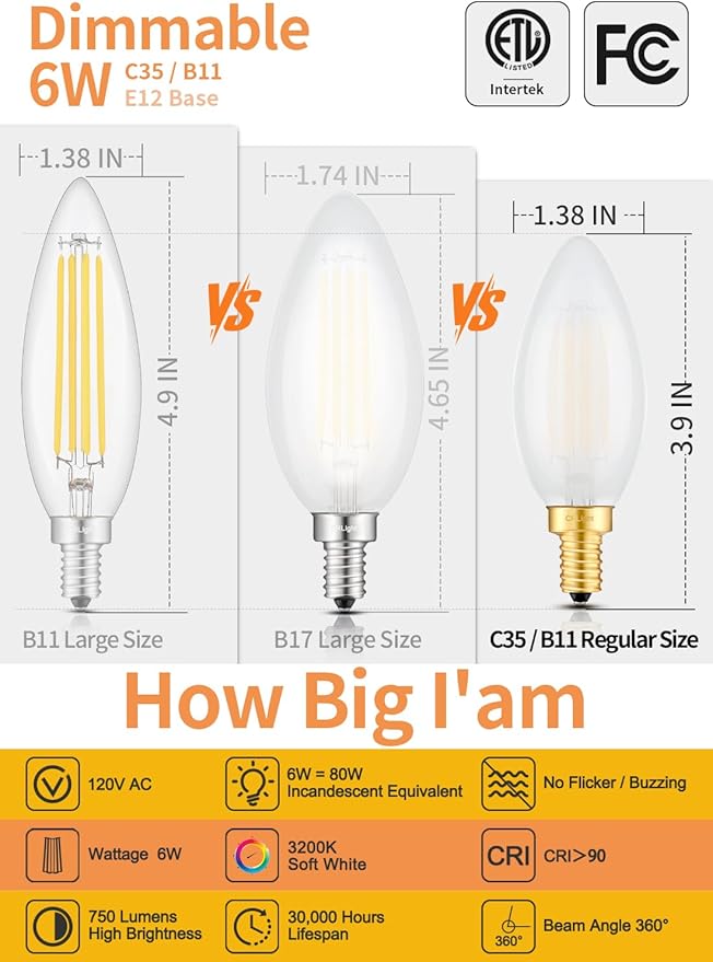 CRLight 6W Dimmable LED Candelabra Bulb 3200K Soft White, 80W Equivalent 750LM, E12 Base LED Filament Light Bulbs, Antique Edison B11 Candle Frosted Glass Chandelier Bulbs, Pack of 8