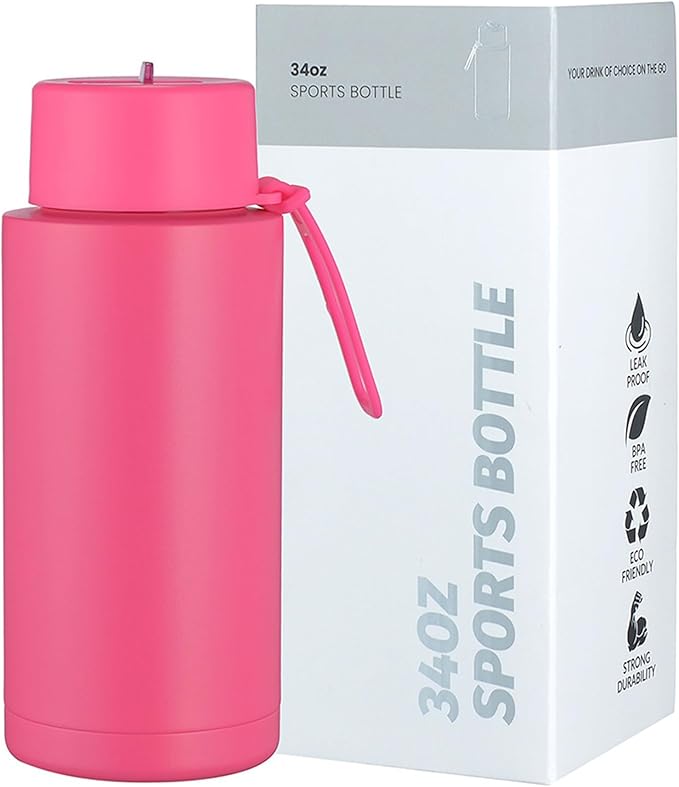 AGH 30oz Water Bottle - Double Wall Vacuum Insulated Stainless Steel Tumbler with Straw - Rose Red