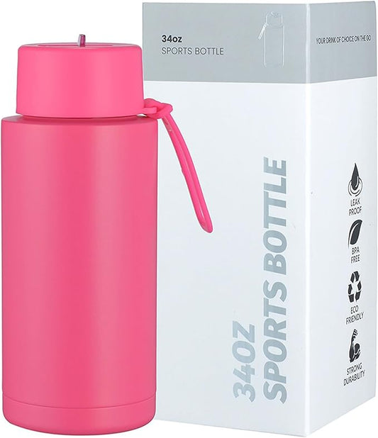 AGH 30oz Water Bottle - Double Wall Vacuum Insulated Stainless Steel Tumbler with Straw - Rose Red