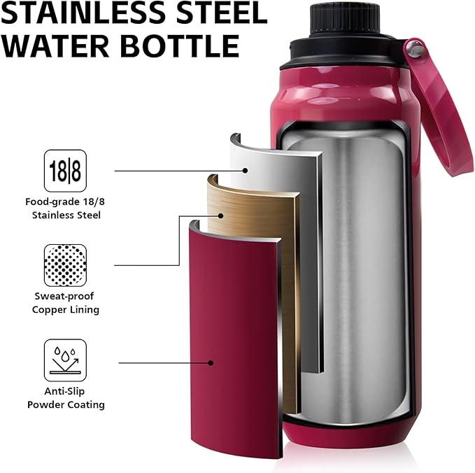 Greylock 20 oz Insulated Stainless Steel Water Bottle with Straw Lid- BPA-Free Leak Proof When Closed, Reusable Metal Water Bottle with Carry Handle for Travel Camping, 24 Hours Cold (Raspberryridge)