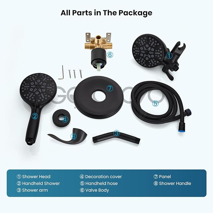gotonovo Shower Valve and Trim Kit 2 in 1 Shower Head and Handle Set System Bathroom Shower Faucet Set 3 Modes Various Combinations High Pressure with Rough-in Valve Matte Black