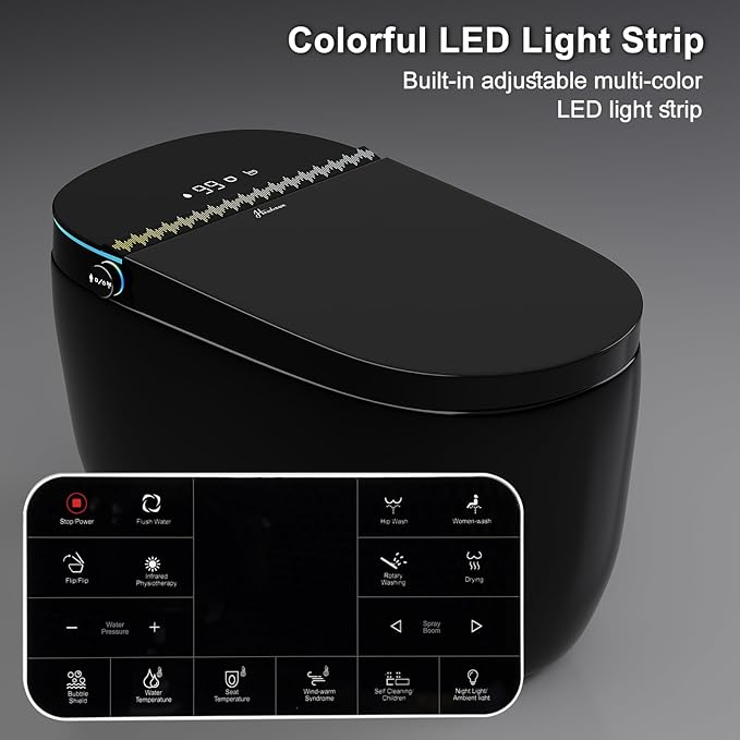 Smart Toilet with Built-in Tank and Air Boost Pump, Powerful Flush, Auto Open/Close Lid, ADA Height Heat Seat, Tankless Toilet with Instant Warm Water Cleaning Foam Dispenser (Black)