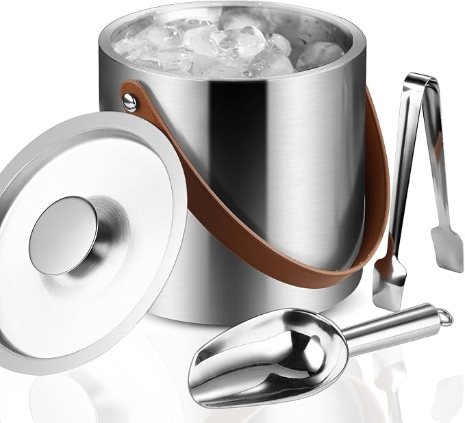 Stainless Steel Double-Wall Insulated Ice Bucket with Lid, Scoop, Tong, Strainer, Leather Handle Keep Ice Frozen Longer Large Wine Ice Buckets for Parties Cocktail Bar Chilling Champagne 2L