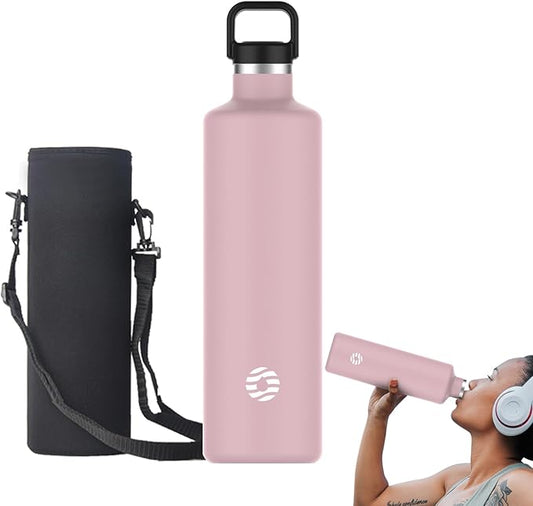 60oz Water Bottle with Carrier Bag, Large Insulated Water Bottle, Stainless Steel Water Bottles, Double Walled Insulated Thermo for Hot Drinks/Cold Drinks, Great for Gym, Hiking, Camping (Light Pink)