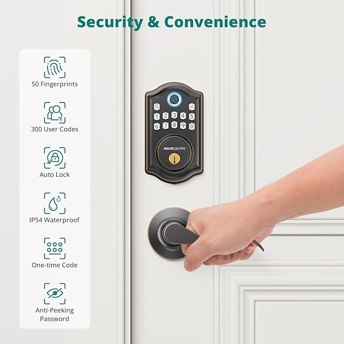 DS10 Keyless Entry Door Lock with Handle - 2 Lever Handles, Fingerprint Door Lock, Keypad Deadbolt, 2 Keys, Code, Smart Locks for Front Door, Auto-Lock, Easy Installation - Oil Rubbed Bronze