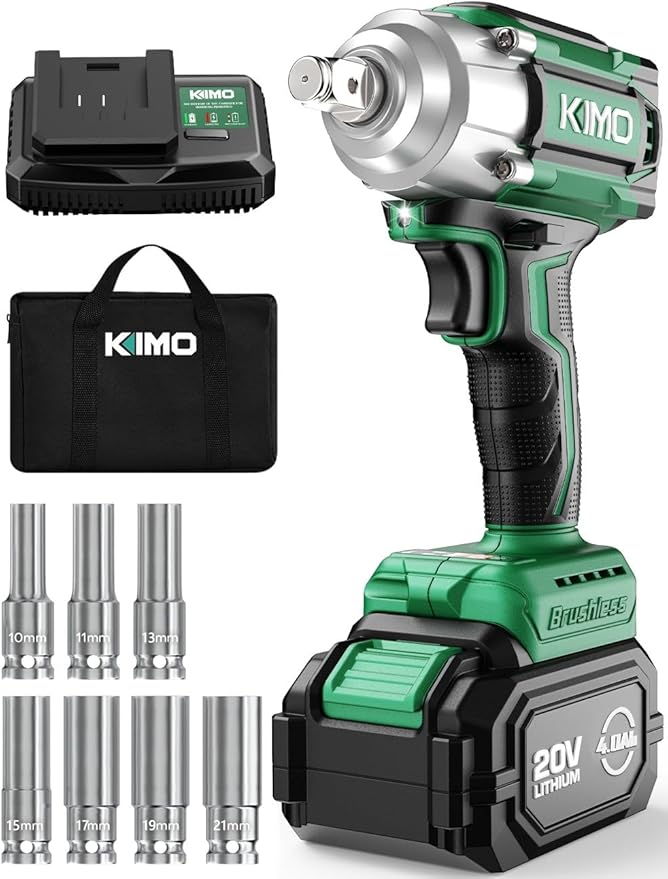 KIMO Cordless Impact Wrench, 550N.m/406ft-lbs, 7Sockets,3Inch Extension Bar, High Torque Brushless Wrench with 3/8" Chuck, 3000 RPM, 4000mAh Li-ion Battery, Charger, Power Impact Driver for Car