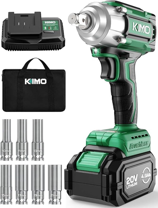 KIMO Cordless Impact Wrench, 550N.m/406ft-lbs, 7Sockets,3Inch Extension Bar, High Torque Brushless Wrench with 3/8" Chuck, 3000 RPM, 4000mAh Li-ion Battery, Charger, Power Impact Driver for Car