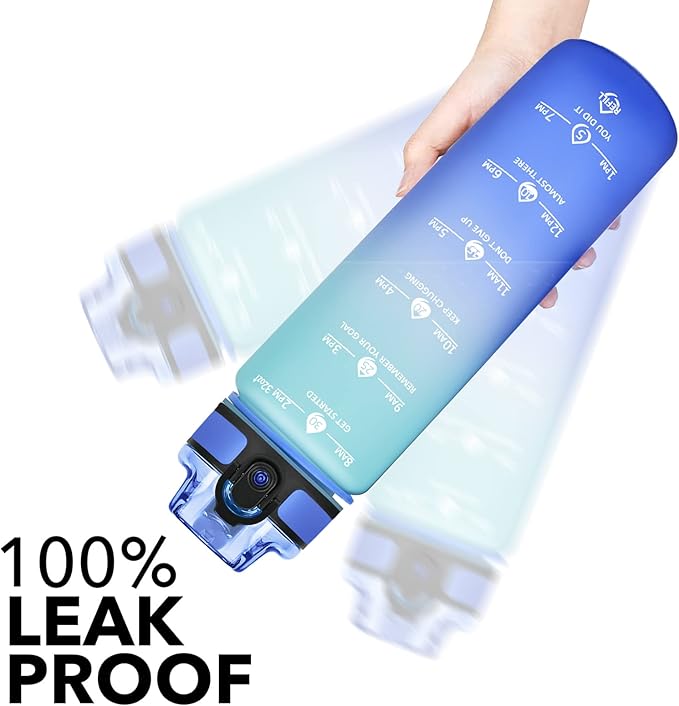 GOSWAG 32oz Motivational Water Bottles with Time Marker and Fruit Strainer, Sports Water Bottle with Times to Drink, Leakproof, Reusable Plastic Bottle with Strap no Straw for Gym, School